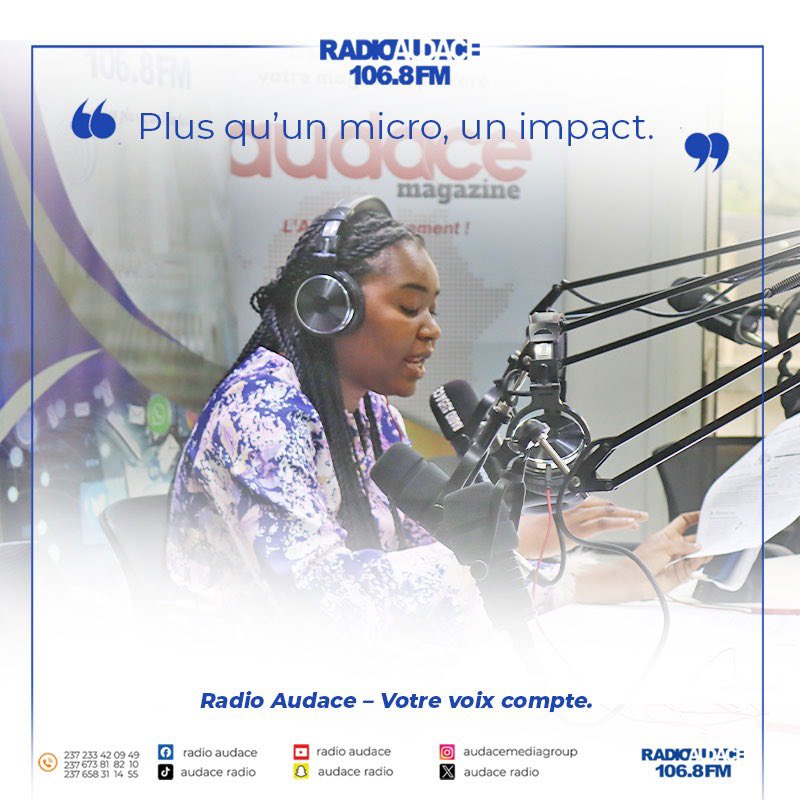 audace_radio's tweet photo. 🎙️💙 Plus qu’un micro, un impact.
À Radio Audace 106.8 FM, chaque mot construit, chaque voix compte.
Votre radio, votre voix. 💬
📍 Douala | 106.8 FM
#RadioAudace 💙 #1068FM #Cameroun #MédiaPositif #VoixDuPeuple #Viral237 #DoualaBuzz #ImpactMedia https://t.co/hI13wlaqI7