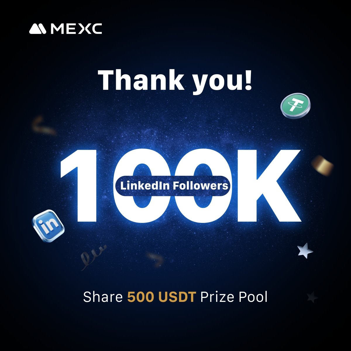 🎉🎉 #MEXC  LinkedIn 100K Giveaway

🏅 We’re celebrating 100,000 followers with a 500 $USDT prize pool

👑 Complete the tasks below and 50 winners will be selected!
⏰ Now ～ May 27

👇 Join now: 
gleam.io/8vBHG/mexc-lin…