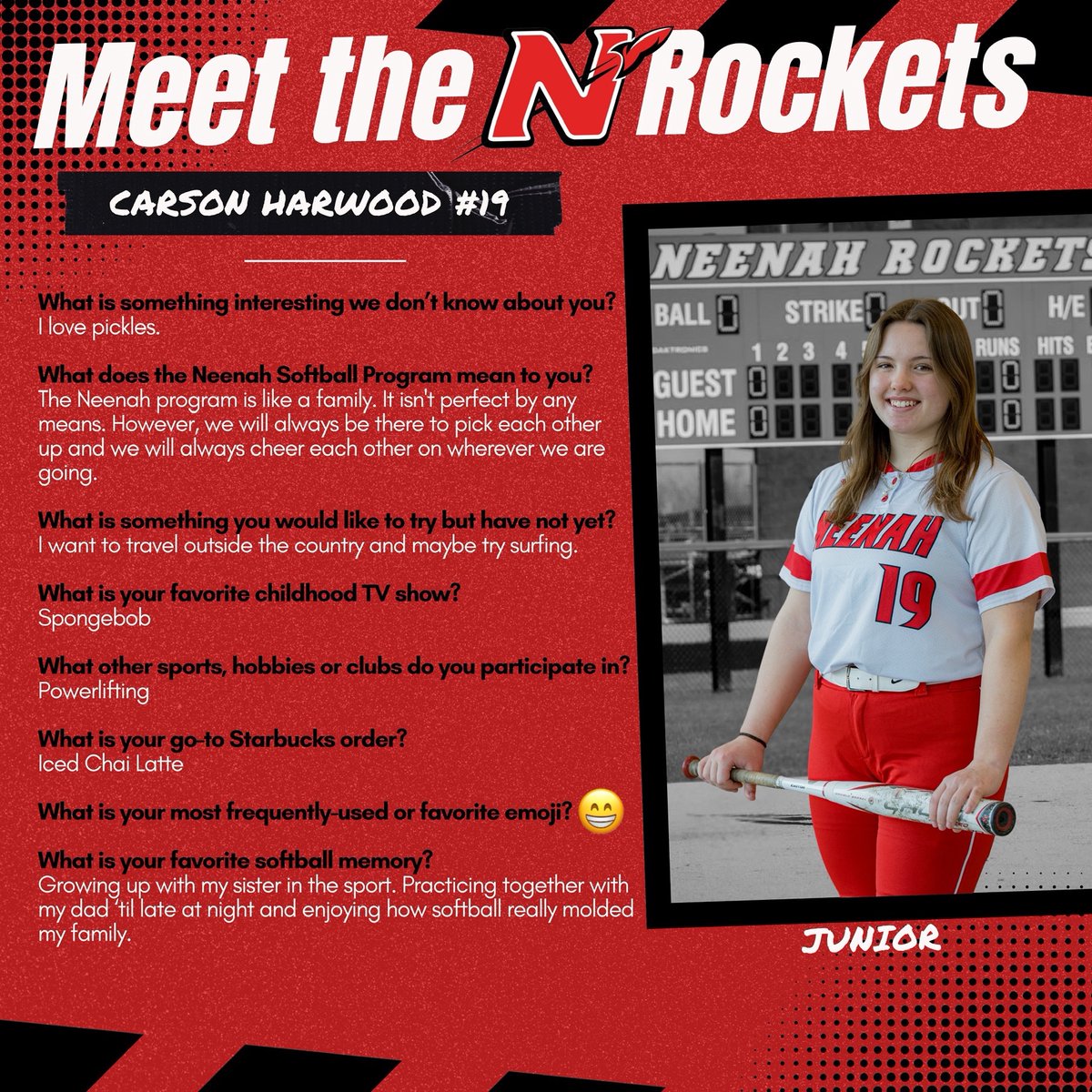 Beyond the Game: Meet the Rockets ❤️🚀🥎
📢 Next up (and the last of this series!)…
a junior catcher…
#19…
Carson Harwood! 🙌🏻