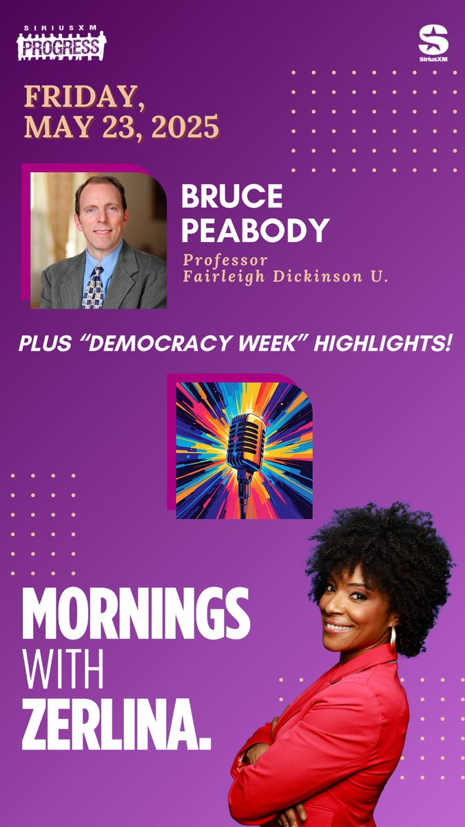 ZerlinaMornings.bsky.social (@zerlinamornings) on Twitter photo Hello Friday! Joining Zerlina this morning: <a href="/bgpeabody/">Bruce Peabody</a> of <a href="/FDUWhatsNew/">Fairleigh Dickinson University</a>, plus highlights from "Democracy Week"!
π»<a href="/SiriusXMProg/">SiriusXMProg.bsky.social</a>
Ch. 127 siriusxm.us/Zerlina Hello Friday! Joining Zerlina this morning: <a href="/bgpeabody/">Bruce Peabody</a> of <a href="/FDUWhatsNew/">Fairleigh Dickinson University</a>, plus highlights from "Democracy Week"!
π»<a href="/SiriusXMProg/">SiriusXMProg.bsky.social</a>
Ch. 127 siriusxm.us/Zerlina
