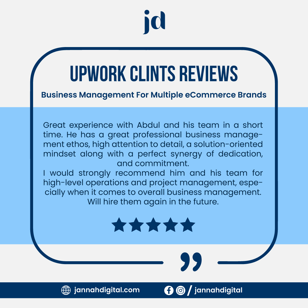 JannahDigital's tweet image. &amp;lt;&amp;lt;&amp;lt; 🔥 High-Level Business Management, Delivered! &amp;gt;&amp;gt;&amp;gt;

#eCommerceSuccess #BusinessManagement #OperationsExpert #ClientTestimonial #UpworkPro #EntrepreneurLife #BrandGrowth #ProcessOptimization #TeamworkWins #StrategicManagement #LeadershipMatters #WorkWithUs #StartupSuccess