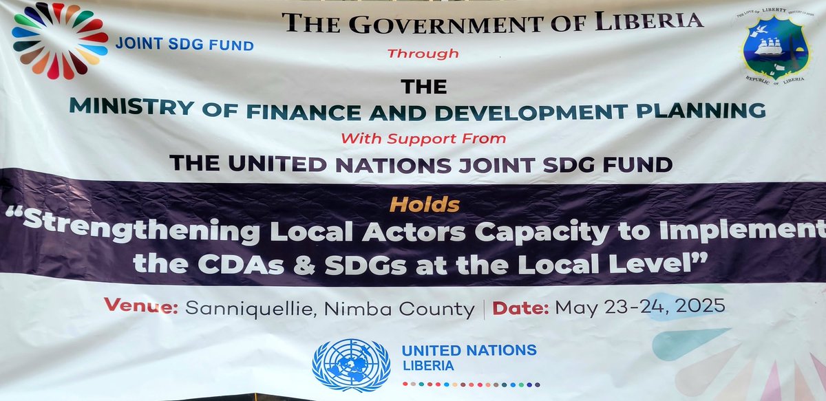 UN_Liberia's tweet photo. #HappeningNow 
In accelerating the #GlobalGoals, @mfdp_lib with support from the @JointSDGFund &amp; UN Liberia holds "strengthening local actors capacity to track implementation of County Development Agendas &amp; the #SDGs   dialogues in Nimba.This event is attended by county officers https://t.co/U8a2EADQQb