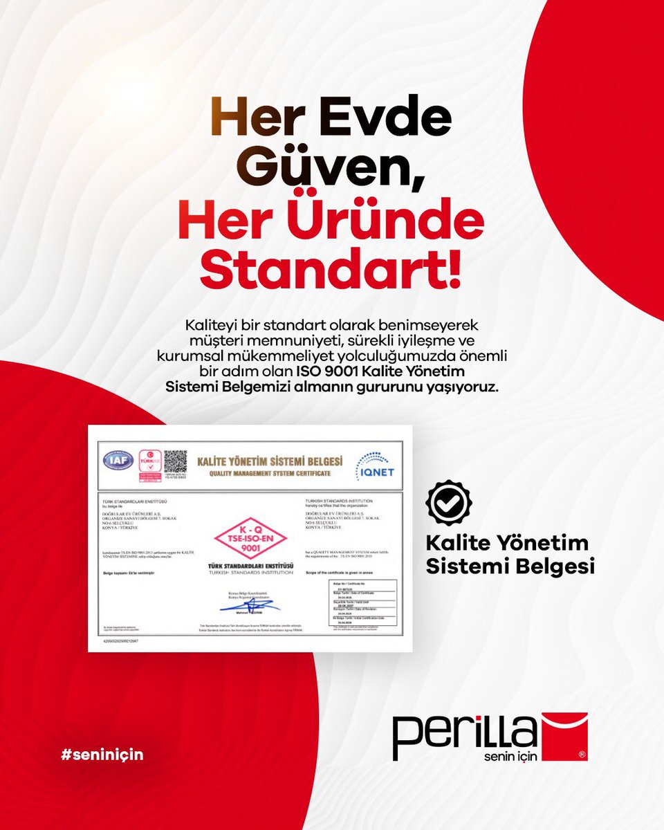 perillaev's tweet photo. Doğrular Ev Ürünleri olarak kalite, çevre ve müşteri odaklı yaklaşımını ulusal standartlarla tescilleyerek Türk Standardları Enstitüsü (TSE) tarafından verilen 6 farklı yönetim sistemi belgesini aldık. https://t.co/XWud7mf5KM