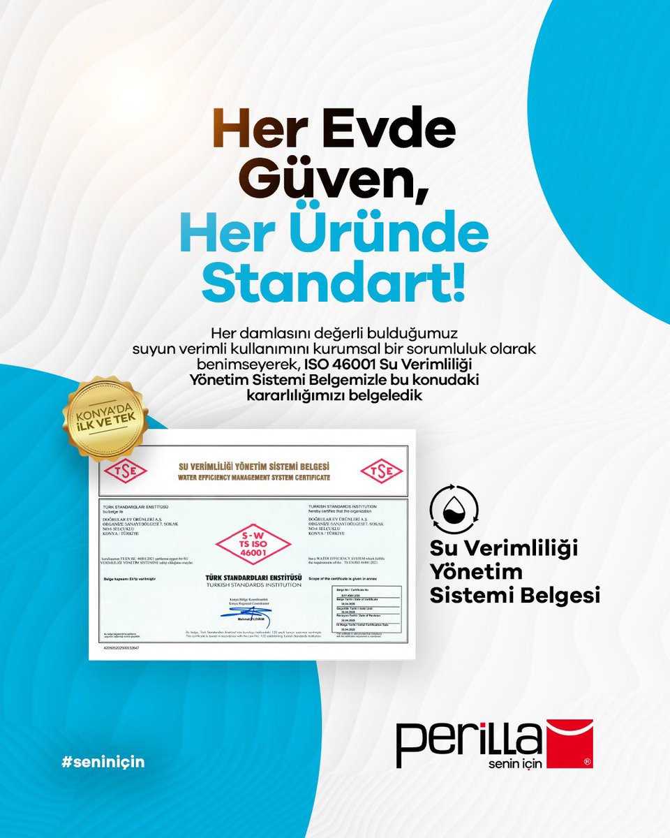 perillaev's tweet photo. Doğrular Ev Ürünleri olarak kalite, çevre ve müşteri odaklı yaklaşımını ulusal standartlarla tescilleyerek Türk Standardları Enstitüsü (TSE) tarafından verilen 6 farklı yönetim sistemi belgesini aldık. https://t.co/XWud7mf5KM