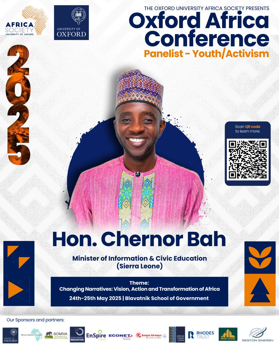 Oxford University Africa Society (@oxfordafrica) on Twitter photo We’re honoured to welcome Hon. <a href="/Cee_Bah/">Chernor Bah</a>, Sierra Leone’s Minister of Information & Civic Education, to #OxfordAfrica2025! A lifelong advocate for youth & girls’ rights, he’s led at the UN, Purposeful & global policy platforms.
🔗 oxforduniversityafricasociety.com/panelspeaker25…
🎟 Tickets are sold out. We’re honoured to welcome Hon. <a href="/Cee_Bah/">Chernor Bah</a>, Sierra Leone’s Minister of Information & Civic Education, to #OxfordAfrica2025! A lifelong advocate for youth & girls’ rights, he’s led at the UN, Purposeful & global policy platforms.
🔗 oxforduniversityafricasociety.com/panelspeaker25…
🎟 Tickets are sold out.