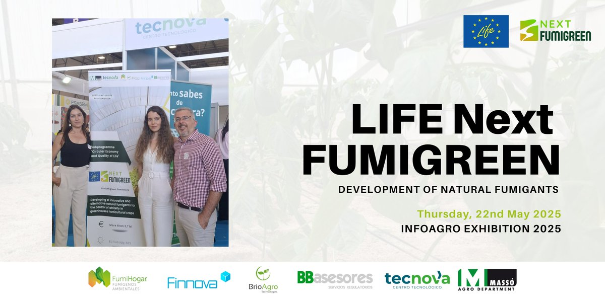 LNextfumigreen's tweet image. #LIFENextFUMIGREEN at #Infoagro2025! Blanca Sabarit (@CTTecnova ) presented the project, and its dissemination continues today from the stand. Great interest 💬 “The exhibition was full” —Carlos Ramos (@fumi_gol ).
🔗lifefumigreen.finnova.eu
@cinea_eu @LIFEprogramme @EU_ENV