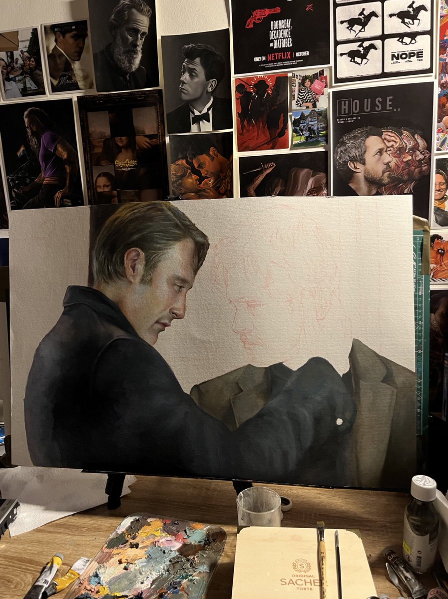 leesirabella's tweet image. Hannibal oil painting in progress looks kinda cool with Will missing