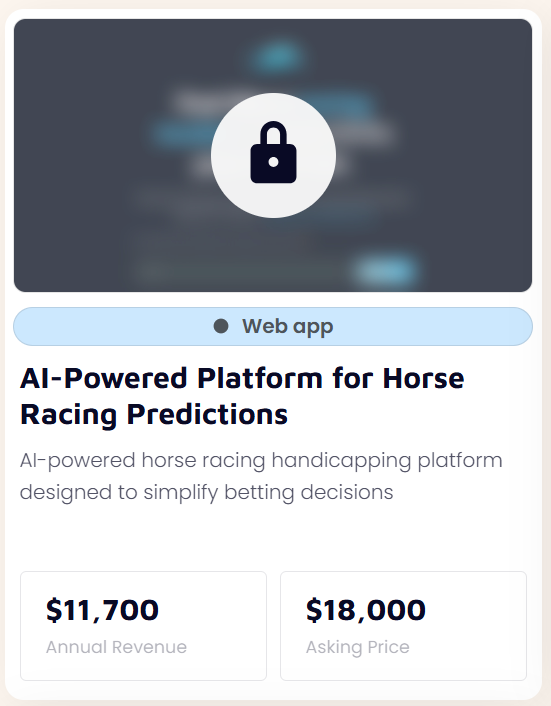 micronsio's tweet photo. 🚀New Listing

 ✨AI-Powered Platform for Horse Racing Predictions with 430 customers and $11,700 in Annual Revenue.

💰 Asking Price: $18,000 https://t.co/7aad7YAgIn