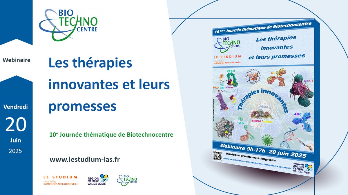 🧬 Webinaire à venir – Inscriptions ouvertes !  
"Les thérapies innovantes et leurs promesses"   
📆Mercredi 20 juin 2025 – 9h &gt; 17h  
🔗Inscrivez-vous dès maintenant urls.fr/IALCjj 

#LESTUDIUM #Webinaire #Médecine #Recherche #ThérapiesInnovantes #LoireValley #Santé