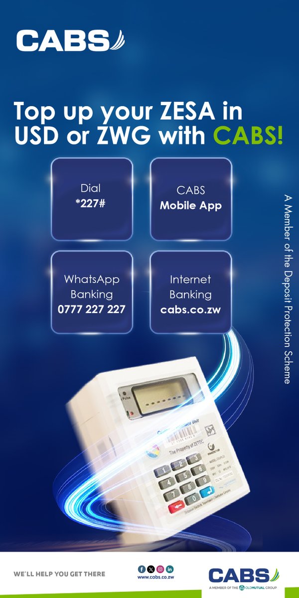 Economic Times (@etimeszw) on Twitter photo Need #ZESA tokens? <a href="/CabsZimbabwe/">CABS ZIMBABWE</a> lets you recharge your prepaid meter anytime, anywhere - fast, secure and hassle-free!
#cabs
#CABSMobileBanking
#zimbabweans Need #ZESA tokens? <a href="/CabsZimbabwe/">CABS ZIMBABWE</a> lets you recharge your prepaid meter anytime, anywhere - fast, secure and hassle-free!
#cabs
#CABSMobileBanking
#zimbabweans