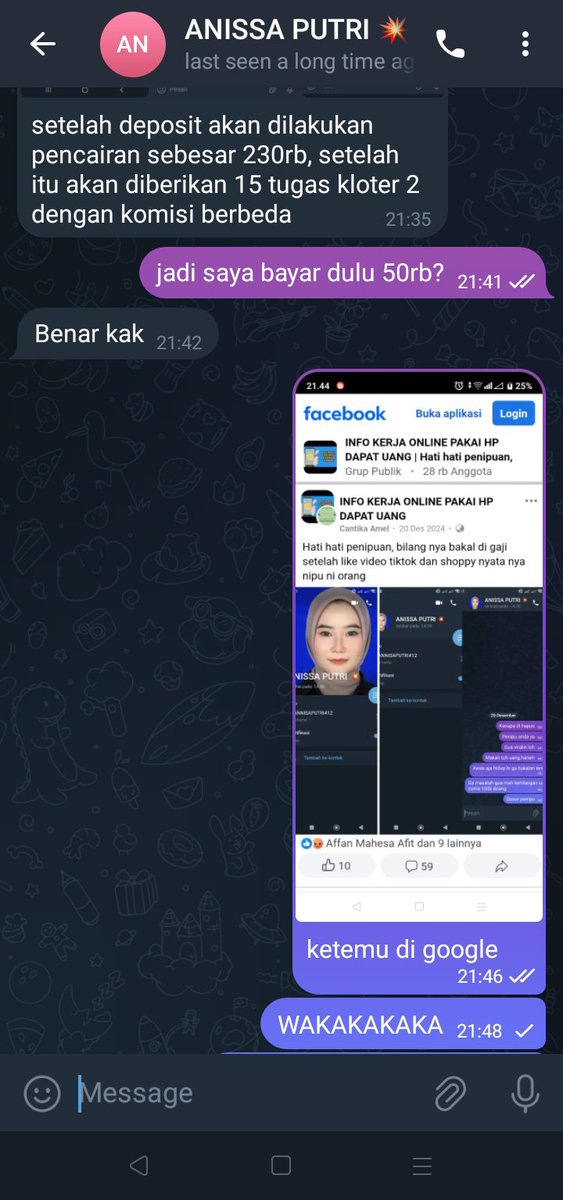 wssupnae_'s tweet photo. yang lagi nyari freelance di tele hati2 ya sama ni orang. kerja nya cuma like, follow toktok sama sopi dengan fee 230k (tapi mesti bayar dulu 50k, baru fee nya cair) WKWKWK cair mah ngga yg ada langsung di blok sama dia 
#zonauang #zonapenipu #penipuan https://t.co/cXYbZMnsOO