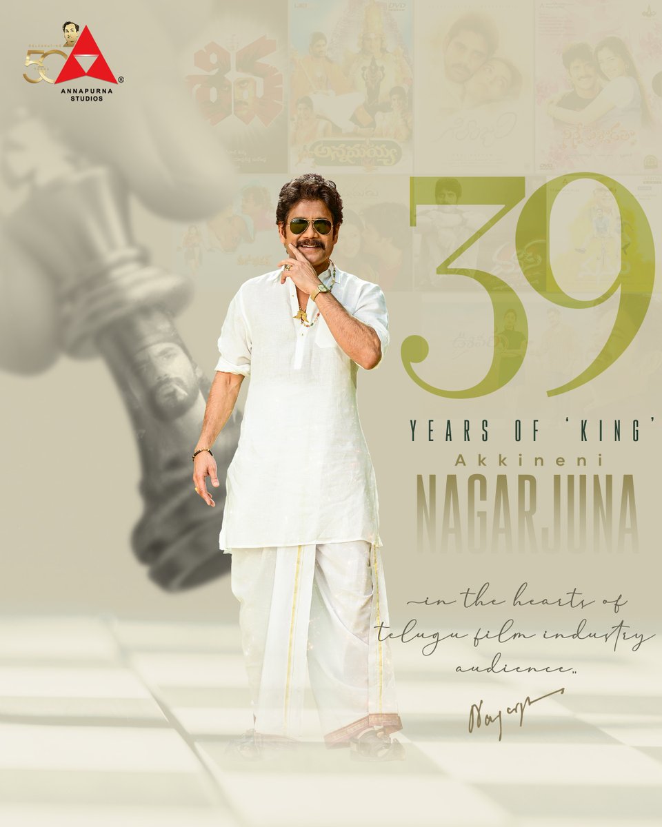 AnnapurnaStdios's tweet photo. Our mighty King @iamnagarjuna today celebrates 39 years in film industry, starting his journey with the superhit #Vikram. From playing iconic roles to inspiring generations, his journey has been nothing short of phenomenal. 

#39YearsForKingNagInTFI https://t.co/J7eYSmsSxY