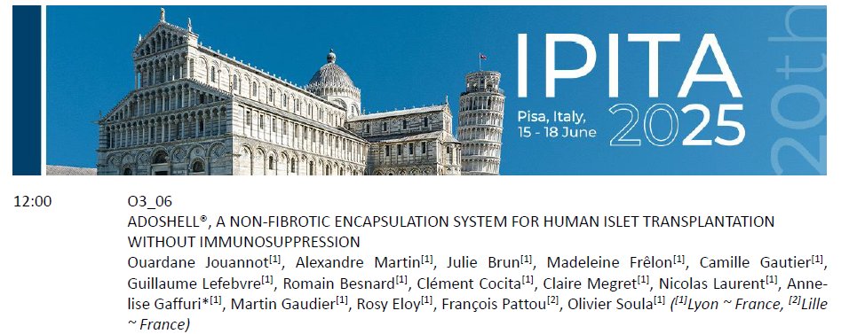 SiscoLeCruel's tweet photo. Le lundi 16 juin 12h, Anne-Lise Gaffuri fera une présentation orale d'Adoshell #ADOCIA (ADOSHELL®, UN SYSTÈME D'ENCAPSULATION NON FIBREUX POUR LA TRANSPLANTATION D'ÎLOTS HUMAINS SANS IMMUNOSUPPRESSION) lors de #IPITA 2025 (INTERNATIONAL PANCREAS AND ISLET TRANSPLANT ASSOCIATION). https://t.co/dKLNsz0OwN