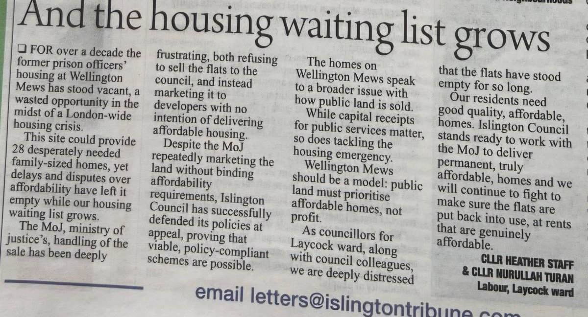 Heather Staff 🧡 (@staff_heather) on Twitter photo This week, <a href="/Cllr_NTuran/">Cllr Nurullah Turan</a> and I wrote to the Tribune expressing our readiness to work with the <a href="/MoJGovUK/">Ministry of Justice</a> to bring the homes on Wellington Mews back into use. Our residents need good quality, affordable homes and these family sized units would provide just that.
#OnYourSide🌹 This week, <a href="/Cllr_NTuran/">Cllr Nurullah Turan</a> and I wrote to the Tribune expressing our readiness to work with the <a href="/MoJGovUK/">Ministry of Justice</a> to bring the homes on Wellington Mews back into use. Our residents need good quality, affordable homes and these family sized units would provide just that.
#OnYourSide🌹