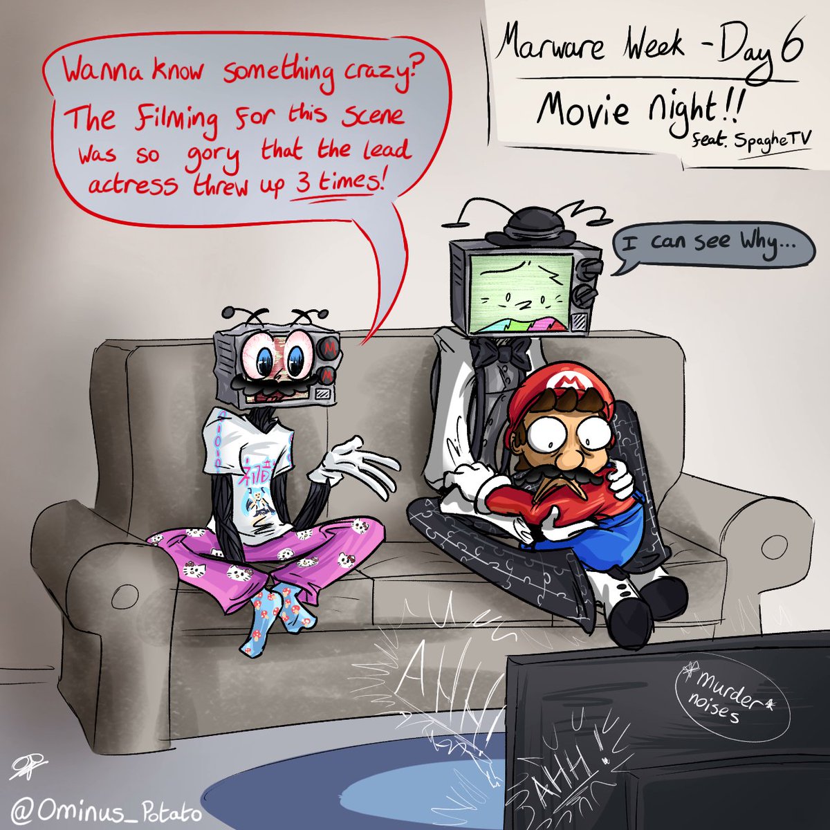 Ominus_Potato's tweet photo. Marware Week day 6 - Movie night!!

It wouldn't be marware week without a SpagheTV appearance! SpagheTV is showing his dads a horror movie he likes as he infodumps about the development process of it. 

#Marware #MarwareWeek #SMG4 #SMG4oc #SMG4SpagheTV #Fanart #MrPuzzles #Mario https://t.co/86oumyK9ny