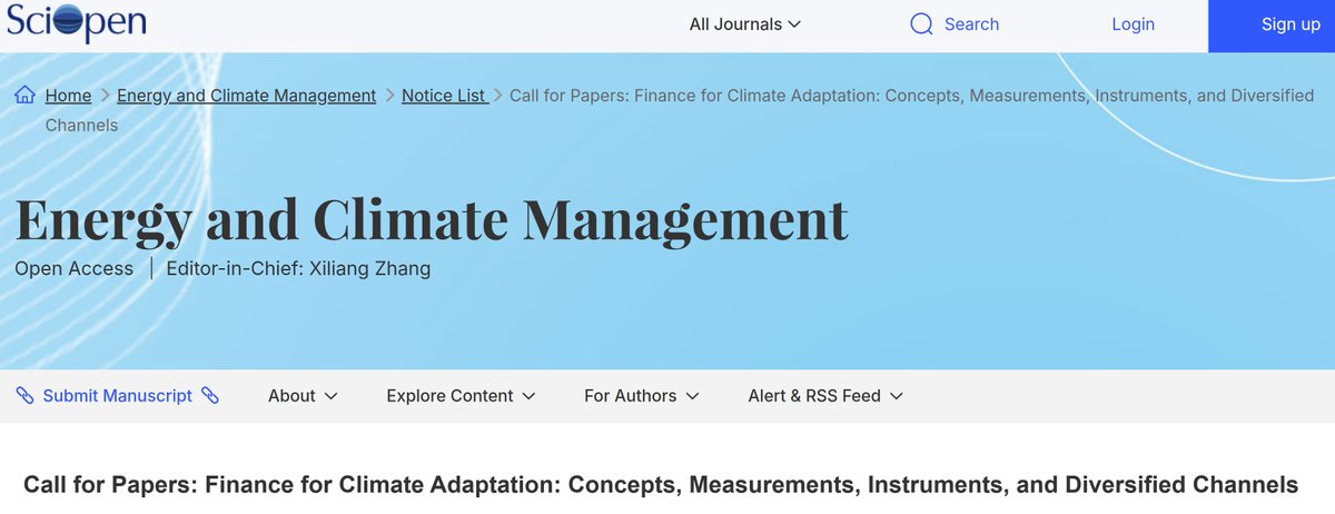 You are invited to submit papers to this Special Issue on "Finance for Climate Adaptation: Concepts, Measurements, Instruments, and Diversified Channels" in Energy and Climate Management, an open-access journal launched recently. <a href="/WaspClimate/">World Adaptation Science Programme (WASP)</a>  sciopen.com/journal/messag…
