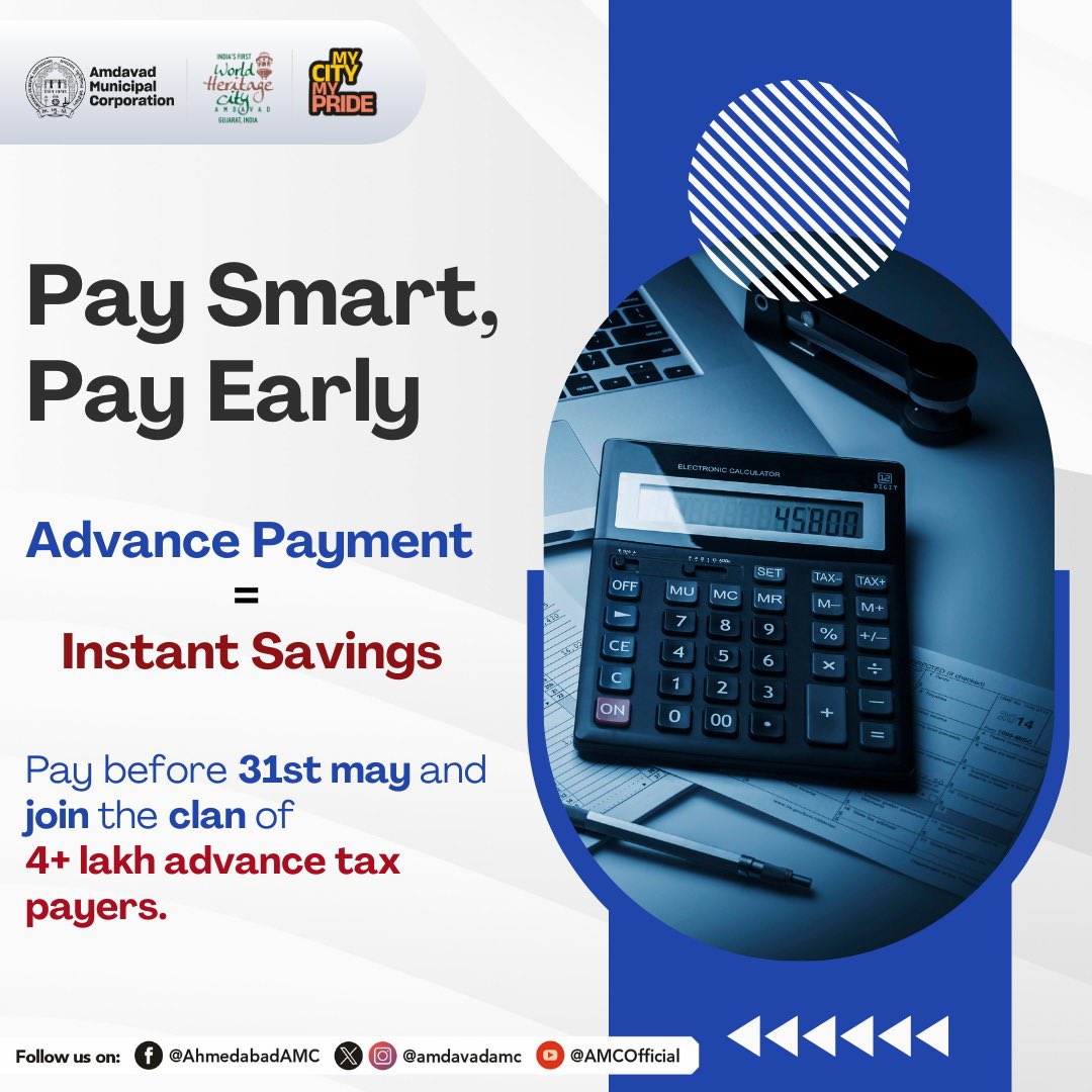 AmdavadAMC's tweet photo. "Let your money work smarter.
Pay advance property tax & enjoy 13–15% refund.”
https://t.co/YoNfOe3LZA
#SmartTaxSmartSavings #AdvanceTaxBenefit #AMCPropertyTax #SaveWithAMC #PayEarlySaveMore https://t.co/NwRJeANhRr