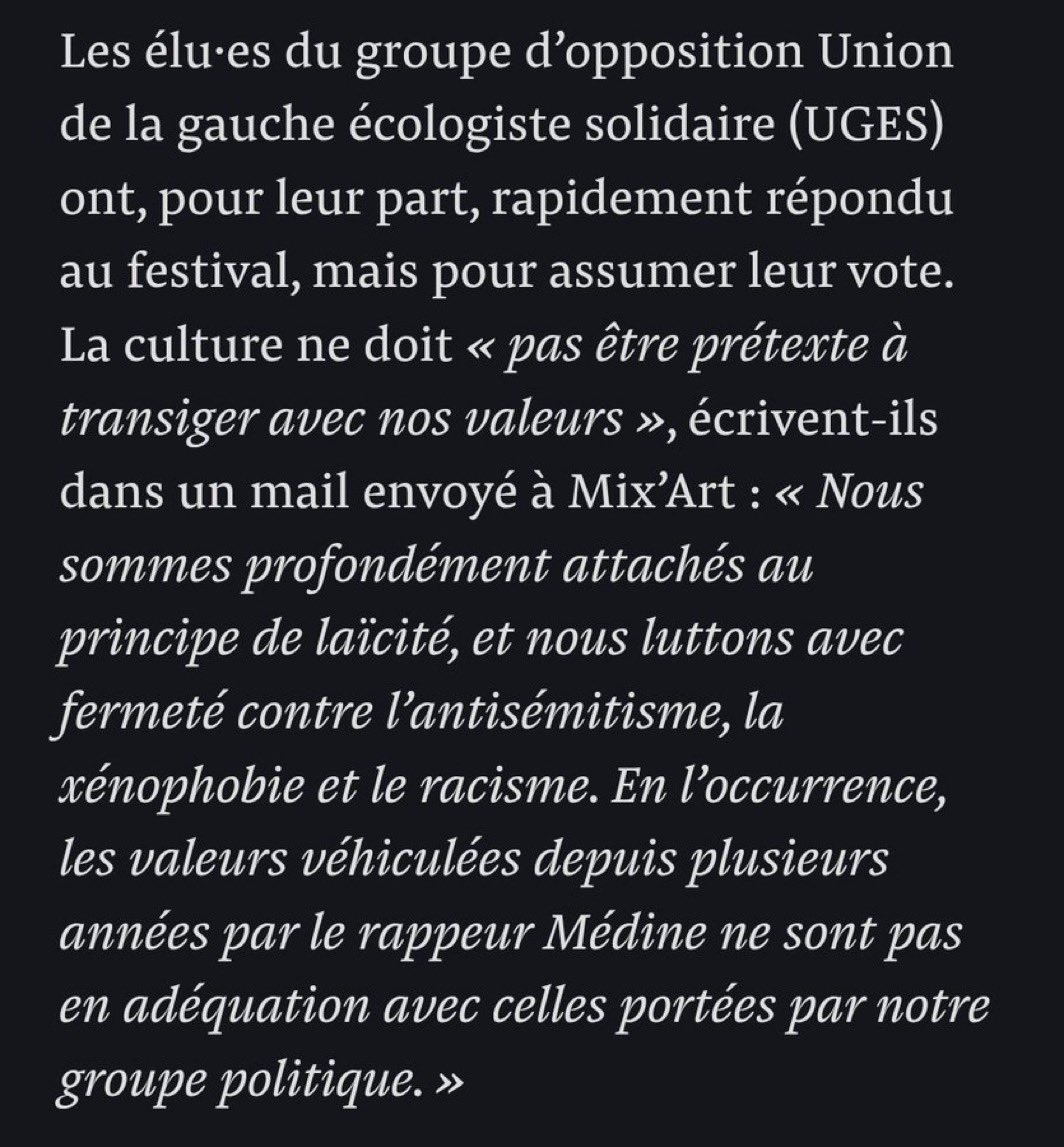 À Grenoble les élus de « « « gauche » » » on voté pour retirer la subvention au festival Mix’Art car il avait programmé Médine.

Dedans : des élus de l’Apres (Garrido et cie), du PS, du PCF et de GRS

Et vous voulez qu’on fasse alliance avec ces gens ?