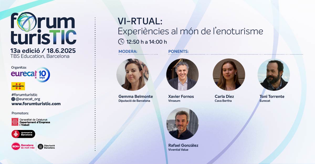 Eurecat_news's tweet photo. L'edició d'enguany del #ForumTurisTIC organitzat per Eurecat comptarà amb sessió VI-RTUAL que mostrarà experiències al món de l’enoturisme i com la tecnologia està transformant l’enoturisme a Catalunya.

No te la perdis https://t.co/8W66Nt9PjQ
🗓️ 18 de juny Places obertes https://t.co/0UsMpPCL0l