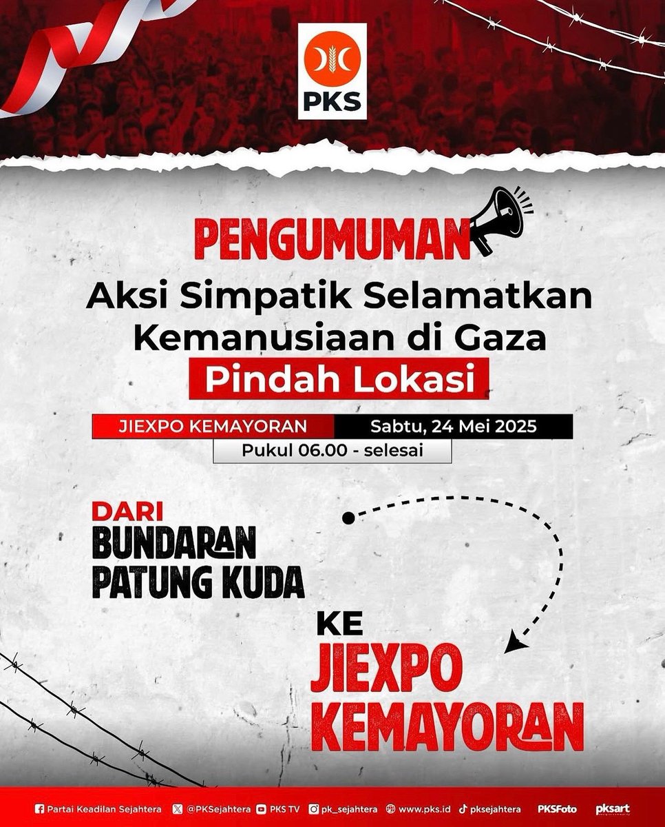 Perubahan tempat acara aksi dari Bundaran Patung Kuda ke Jiexpo Kemayoran, Jakarta ‼️

🗓️ Sabtu, 24 MEI 2025
⏰ 06.00 WIB - selesai
📍Jiexpo Kemayoran, Jakarta

Sampaikan pesan ini kepada semua sahabat dan keluarga kita.