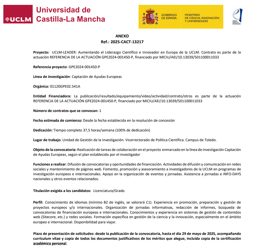 🚀 ¡Únete a nuestro equipo! 🌍

¿Te apasionan los proyectos europeos y la I+D+i? Buscamos un/a técnico de para nuestra oficina de #ProyectosEuropeos. 🇪🇺

🗓️Plazo: 29/05/2025

📎Más info: convocatorias.rrhh.uclm.es/convocatorias.…