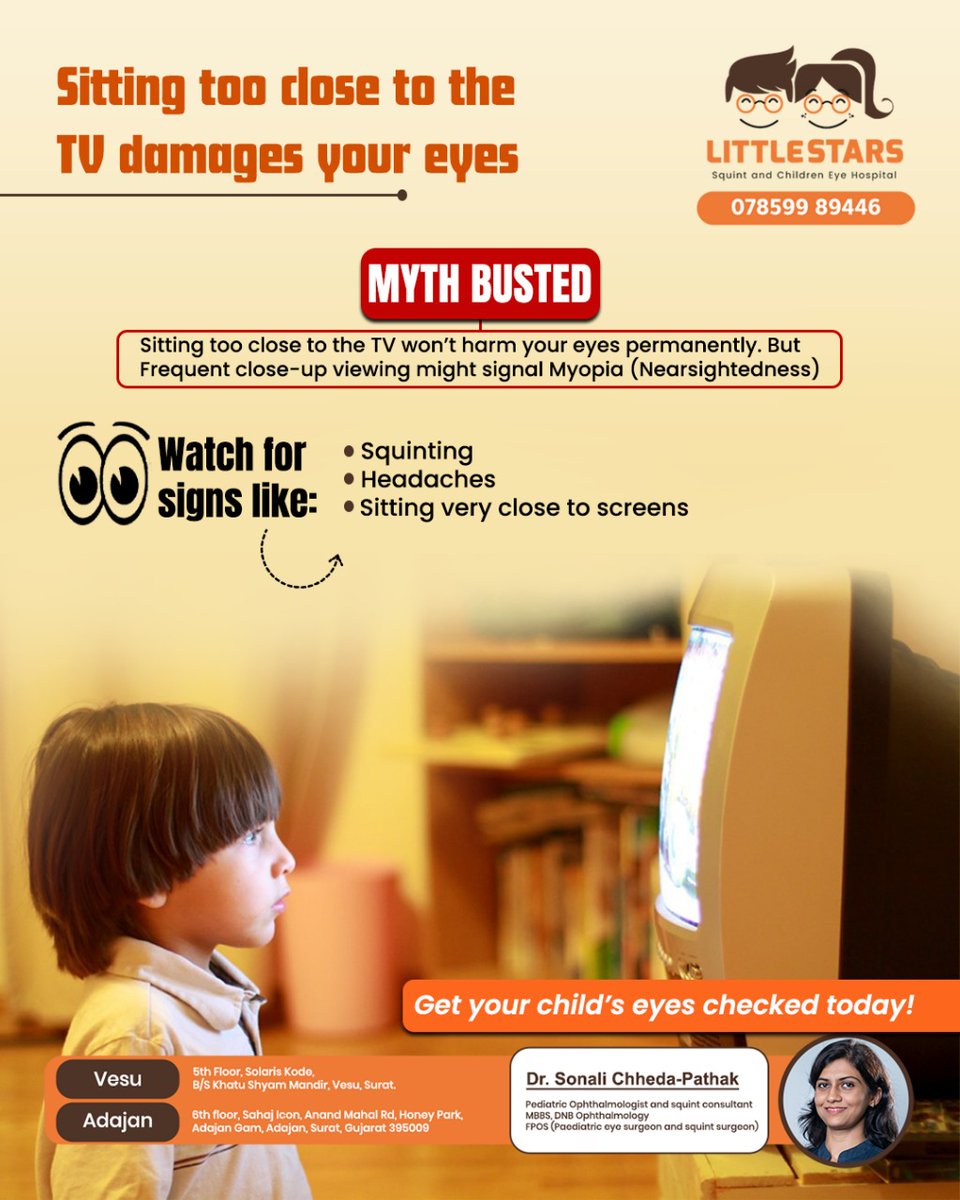 LittleStarsEye's tweet photo. Does sitting too close to the TV harm your child’s eyes?
It could be a sign of Myopia (nearsightedness).
👁️Watch for squinting, headaches, or screen-hugging habits.
Early checkups = healthy vision!
📍 Surat | 📞 +91 78599 89446
#LittleStarEyeHospital #MyopiaInKids #ChildEyeCare https://t.co/pgXKPi1ayV