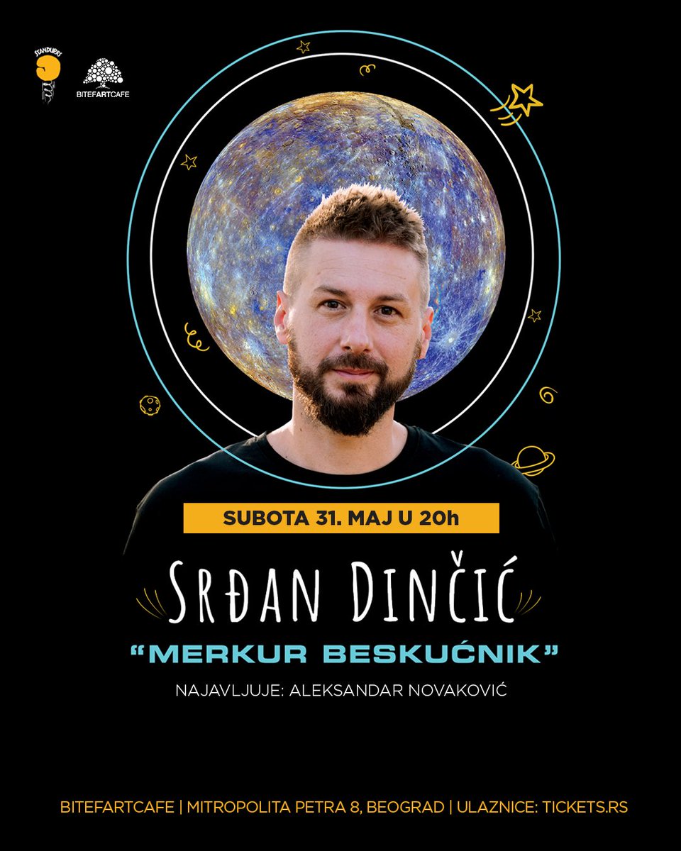 Stand up show “Merkur beskućnik” <a href="/SrdjanDincic/">Srđan Dinčić</a> u subotu 31. maja u <a href="/BitefArtCafe/">BitefArtCafe</a> 🥳

Ulaznice i info: tickets.rs/event/srdan_di…
