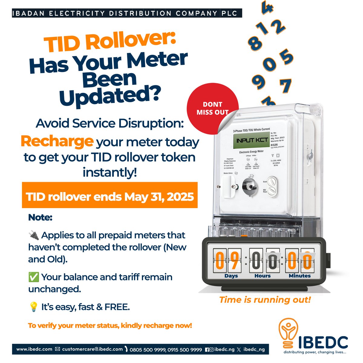 IBEDC_NG's tweet photo. 🔋 Keep every meter active! Recharge your meter today to get your TID rollover token before the May 31 deadline.
Help your community stay powered — remind others to top up too!
#IBEDC #NoMeterLeftBehind #PowerUpBeforeDeadline #TIDRollover #Changinglives https://t.co/oQGe9hAnOe
