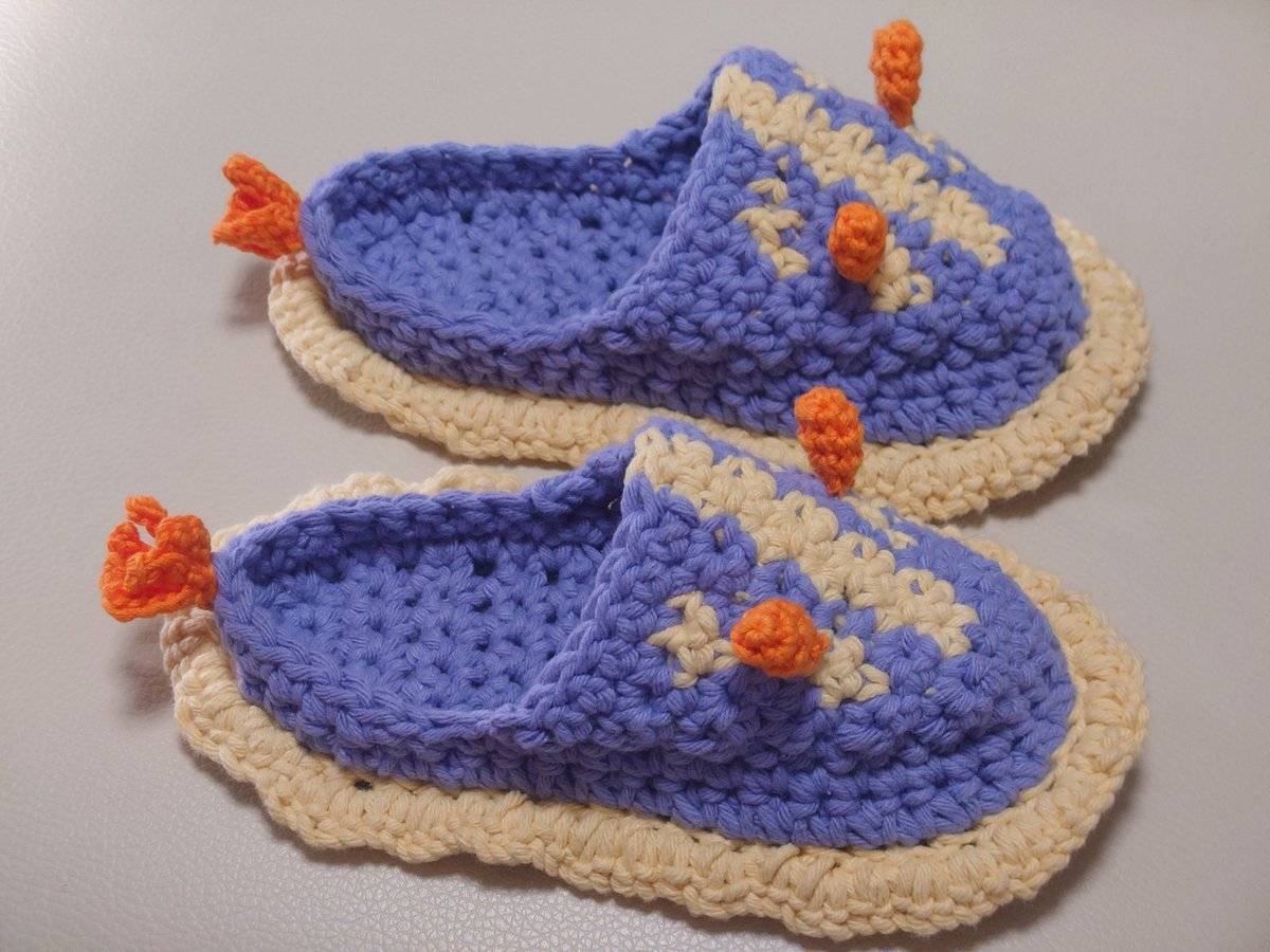 roa_handmade_'s tweet photo. 子供用アオウミウシスリッパ

使用毛糸
ダイソー　リサイクルコットン極太
　　　　　スカイブルー　2-3玉
ダイソー　リサイクルコットン極太
　　　　　イエロー　1玉
かぎ針8号&amp;7号
セリア　トロピカルコットン
　　　　オレンジ　1玉
かぎ針5号
ダイソー　室内用シューズ底15cm https://t.co/DLyLJhYUqE