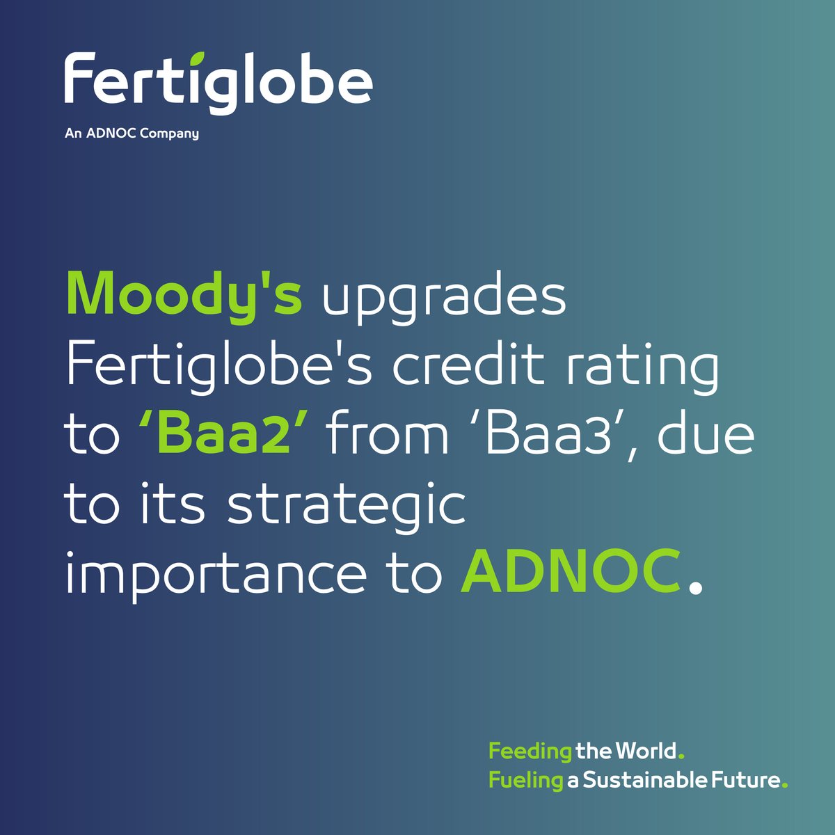 📈 <a href="/moodysratings/">Moody's Ratings</a> has upgraded Fertiglobe’s long-term issuer rating to Baa2, the upgrade is driven by Fertiglobe's strategic importance to its majority shareholder <a href="/ADNOCGroup/">ADNOC Group</a>.
 
✅Fertiglobe has now received an upgrade from all 3 credit rating agencies.

Why this matters:
🌍