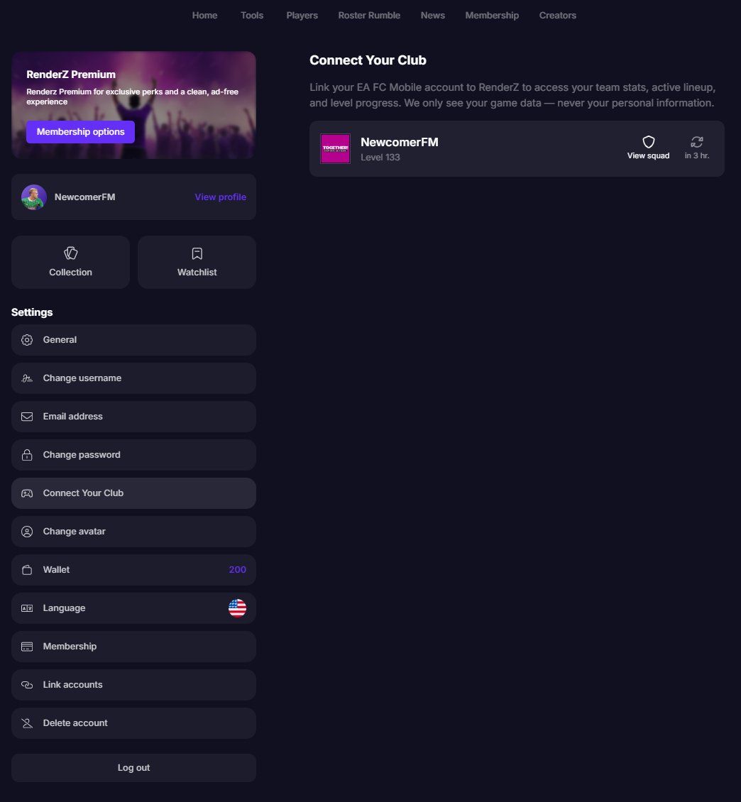 ⭐️ 𝓣𝓮𝓪𝓶 𝓝𝓮𝔀𝓬𝓸𝓶𝓮𝓻𝓕𝓜 ⭐️ (@newcomerfm) on Twitter photo Connect Your Club
Link your EA FC Mobile account to RenderZ to access your team stats, active lineup, and level progress.
How to Find your User ID?
help.ea.com/en/help/ea-spo…
<a href="/fifarenderz/">RenderZ</a> #fcmobile <a href="/GigaXGame/">GIGA GAME</a> <a href="/Jacobek08/">JACOBinho®</a> <a href="/ea_fcmobile_/">FC MOBILE NEWS (F2P)</a> <a href="/JONALDINHOtm/">JONALDINHO90™</a> Connect Your Club
Link your EA FC Mobile account to RenderZ to access your team stats, active lineup, and level progress.
How to Find your User ID?
help.ea.com/en/help/ea-spo…
<a href="/fifarenderz/">RenderZ</a> #fcmobile <a href="/GigaXGame/">GIGA GAME</a> <a href="/Jacobek08/">JACOBinho®</a> <a href="/ea_fcmobile_/">FC MOBILE NEWS (F2P)</a> <a href="/JONALDINHOtm/">JONALDINHO90™</a>