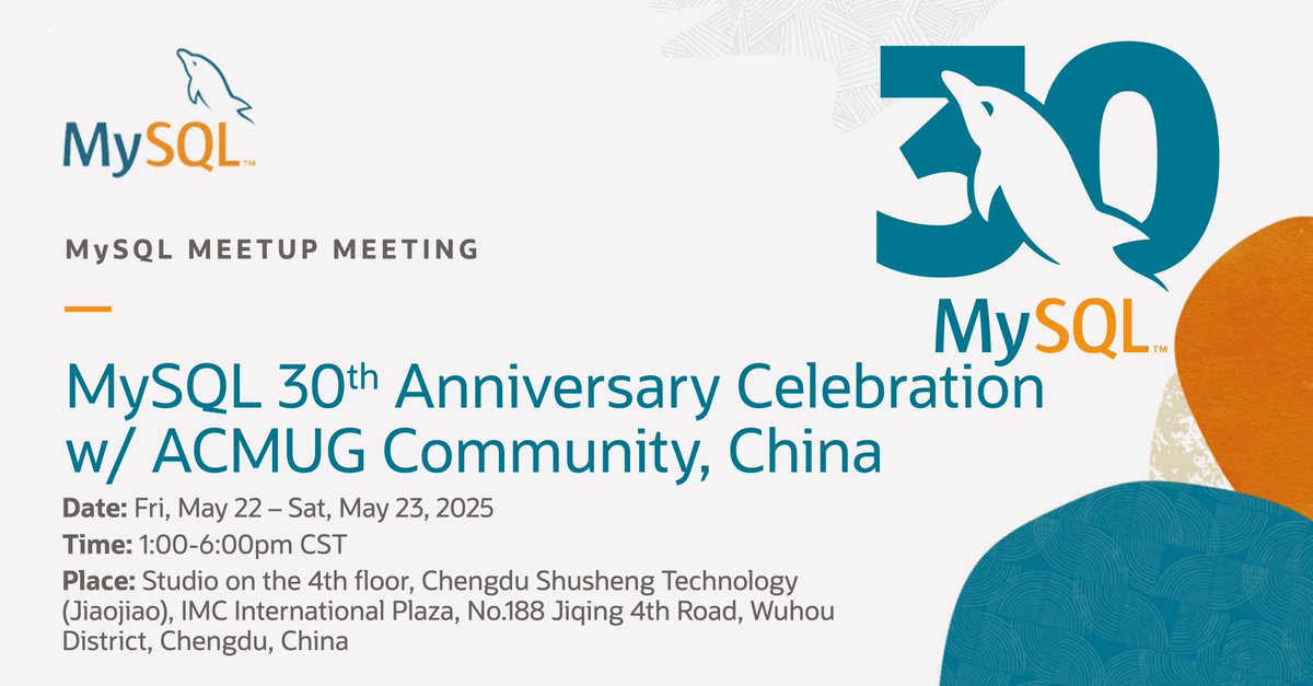 mysql_community's tweet image. 🎤 ACMUG Community and MySQL hold the MySQL 30th Anniversary Celebration in Chengdu, China these days! If you are around, join us there today and tomorrow for a two-days great event!
#MySQLCommunity
social.ora.cl/6014Na2Eu:::