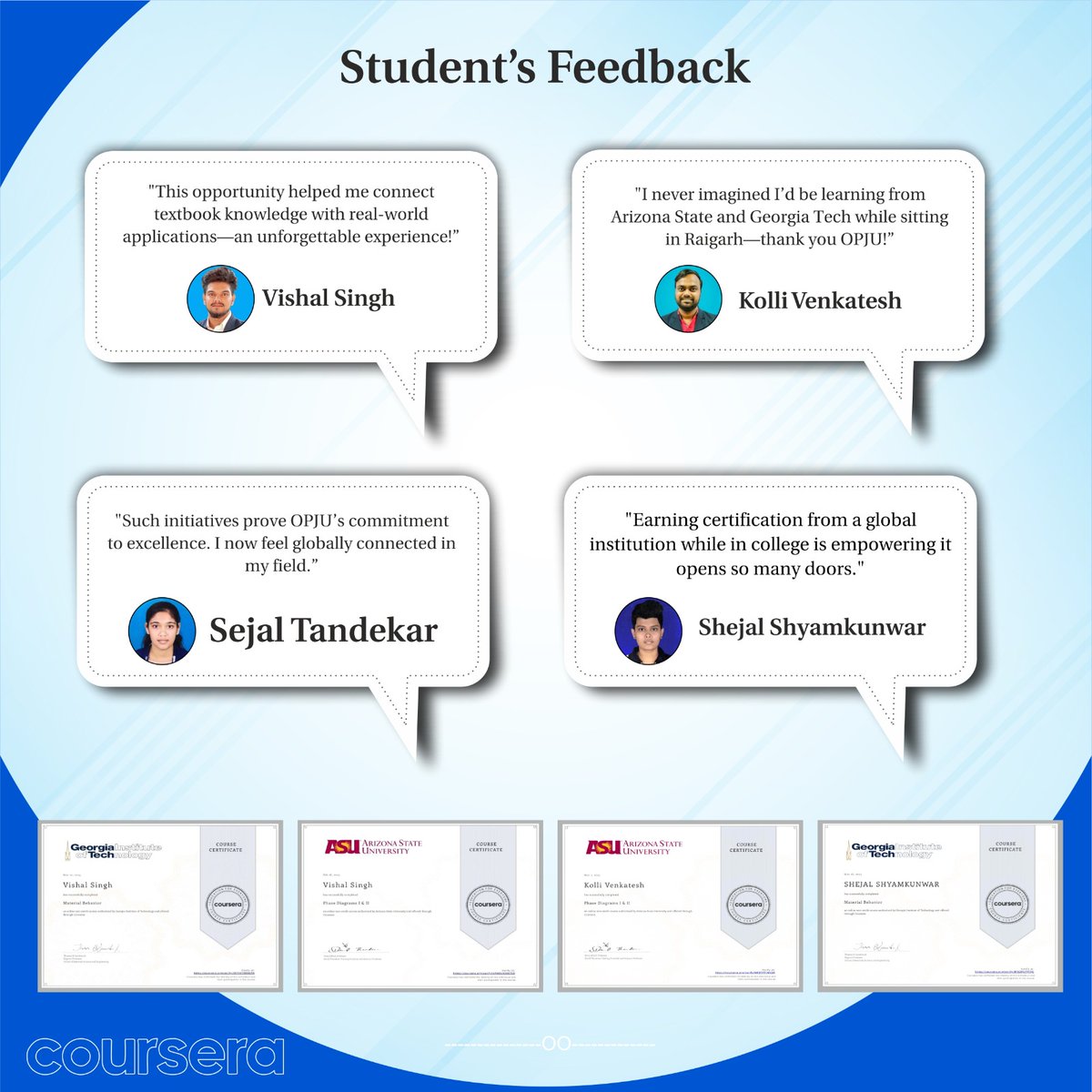 SMEOPJU's tweet image. Dept. of Metallurgical Engg. congratulates students on completing prestigious @coursera courses!👏
Thanks to Hon’ble Chancellor Ms. Shallu Jindal &amp;amp; VC Dr. R D Patidar for empowering global learning at OPJU.
#CourseraSuccess #OPJU #GlobalLearning #AcademicExcellence