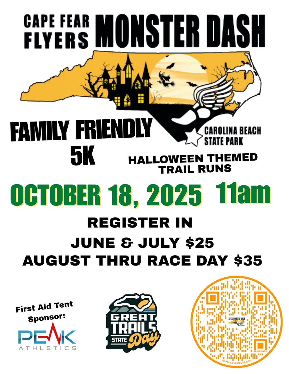 CapeFearFlyers's tweet photo. Come Celebrate Great Trail State Day with us. A Halloween Themed trail run.
All Process to benefit the Cape Fear Flyers

#MonsterDashCB #GreatTrailsStateDay #Trailrun #5K  #capefearflyers #youthcrosscountry #runningcommunity  #greattrailsstate #youthrunners #RunILM https://t.co/wMidWmNRKG