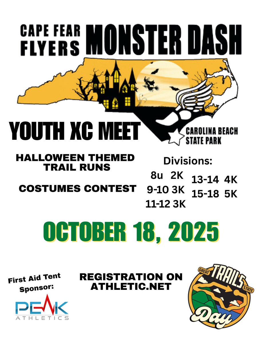 CapeFearFlyers's tweet photo. Come Celebrate Great Trail State Day with us. A Halloween Themed trail run.
All Process to benefit the Cape Fear Flyers

#MonsterDashCB #GreatTrailsStateDay #Trailrun #5K  #capefearflyers #youthcrosscountry #runningcommunity  #greattrailsstate #youthrunners #RunILM https://t.co/wMidWmNRKG