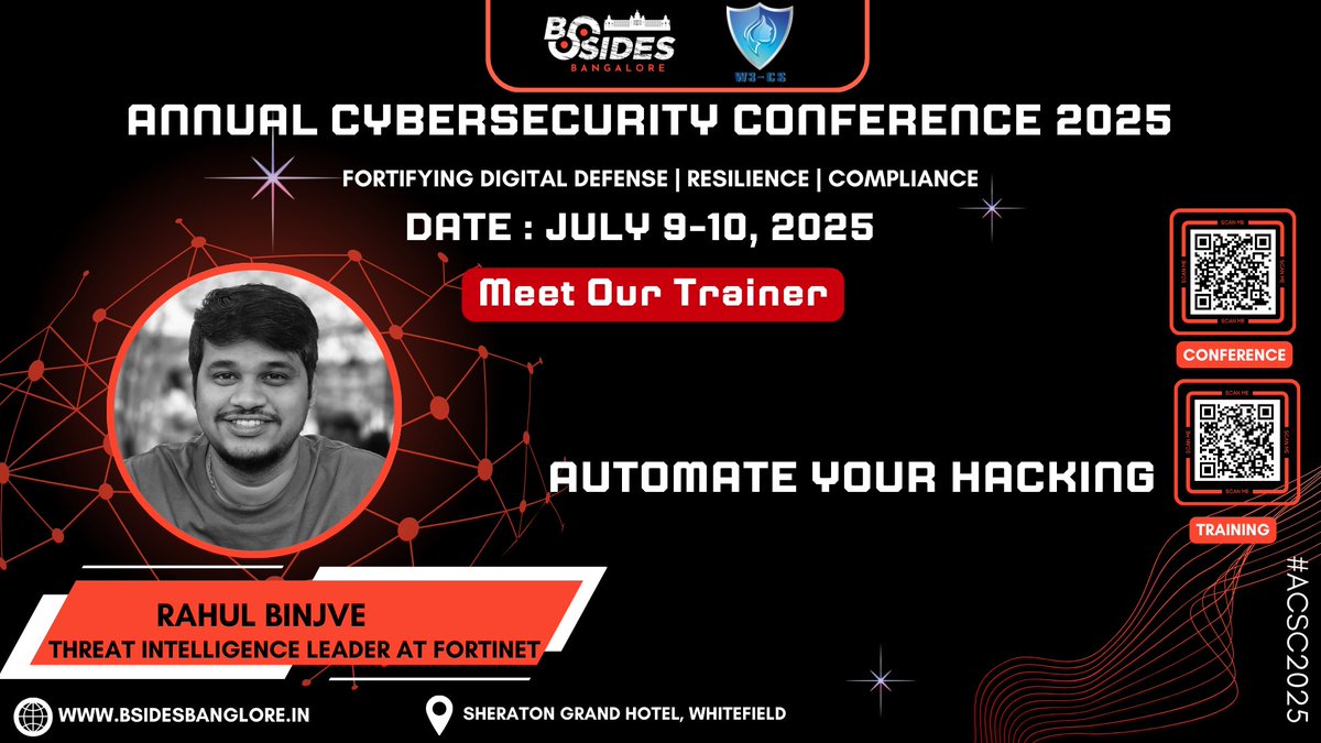 bsidesbangalore's tweet photo. 🛠️ 𝗕𝗦𝗶𝗱𝗲𝘀 𝗕𝗮𝗻𝗴𝗮𝗹𝗼𝗿𝗲 𝟮𝟬𝟮𝟱 | 𝟮-𝗗𝗮𝘆𝘀 𝗦𝗲𝗰𝘂𝗿𝗶𝘁𝘆 𝗔𝘂𝘁𝗼𝗺𝗮𝘁𝗶𝗼𝗻 𝗪𝗼𝗿𝗸𝘀𝗵𝗼𝗽
📅 July 9–10, 2025
📍 Sheraton Grand, Bengaluru
👨‍🏫𝗧𝗿𝗮𝗶𝗻𝗲𝗿: Rahul Binjve– Threat Intelligence Leader at Fortinet
🎟️ Early bird open: https://t.co/R9StEaI1iw https://t.co/IpDuGYSzpL