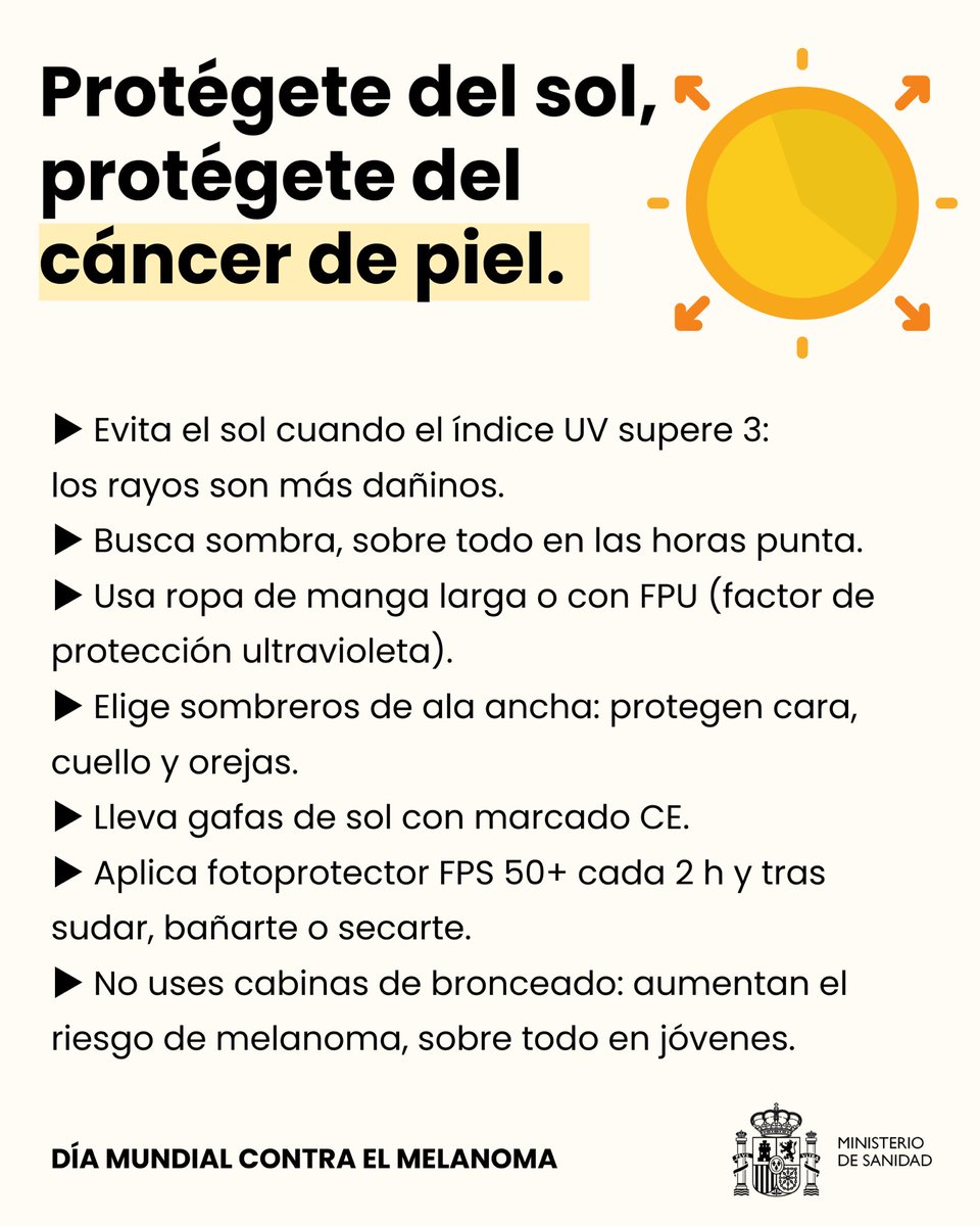 sanidadgob's tweet photo. 20.854 diagnósticos y 1.882 muertes por de cáncer de piel en España en 2024.
 
La sobrexposición a los rayos UV causa envejecimiento y pone tu vida en riesgo.

En el #DíaMundialContraelMelanoma reafirmamos nuestro compromiso con la detección, la prevención y la investigación. https://t.co/iKzpNHba5Q
