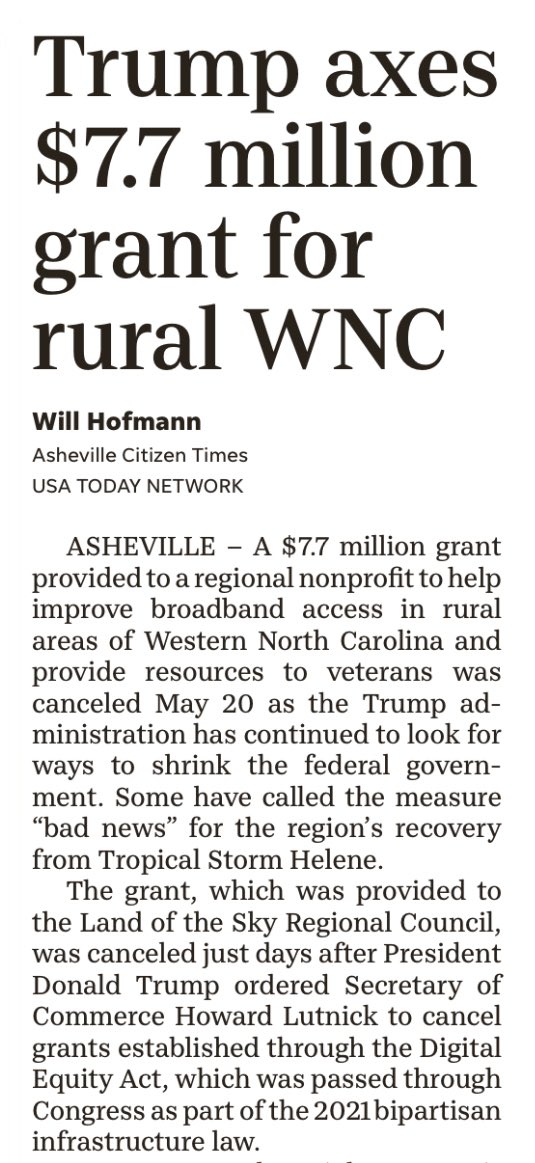 Republicans are chopping away at programs that benefit rural communities to make rich elites richer.  About 80,000 homes in Western North Carolina don’t have high speed internet. The Biden administration allocated millions to help rural communities catch up, Trump terminated it.