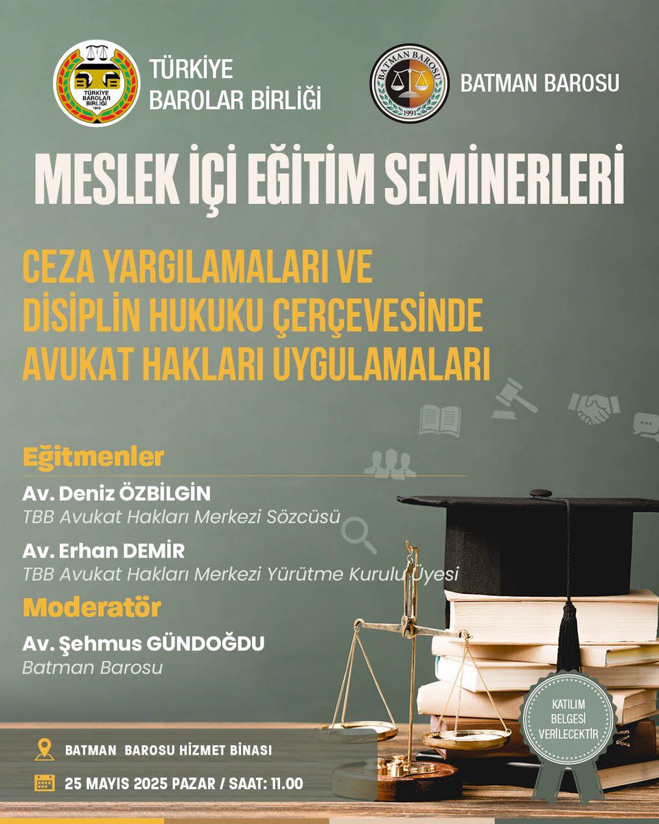 AvukatBarosu's tweet photo. 25.05.2025ê wê perwerdeya me ya pratîk û giştgir li ser Mafên Parêzeran hebe. Em hevkarên xwe dawetê perwerdeyê dikin.

25.05.2025 günü pratiğe yönelik ve kapsamlı Avukat Hakları eğitimimiz olacaktır. Meslektaşlarımızın katılımını bekliyoruz.

#AvukatHakları 
#MafênParêzeran https://t.co/6yvOxpeTVO