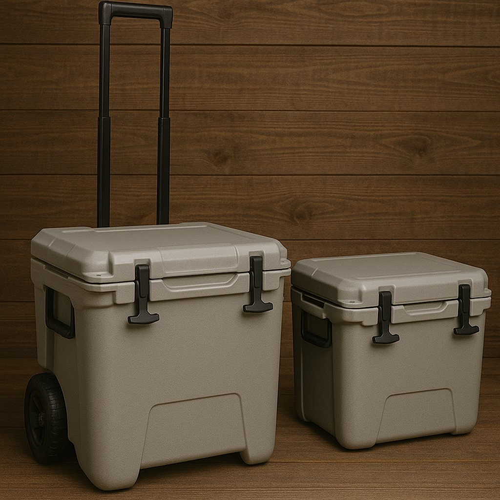 Hunterswishlist's tweet photo. Wheels or No Wheels? 
When it comes to hauling your cooler on an Adventure what’s your go-to choice?
Rolling Cooler – Easy transport, no heavy lifting! 
Classic Heavy-Duty Cooler – Tough, durable, and built for the wild! Which one ? Let us know!#OutdoorGear #HuntersWishlist.com https://t.co/V3jZWE2kxO