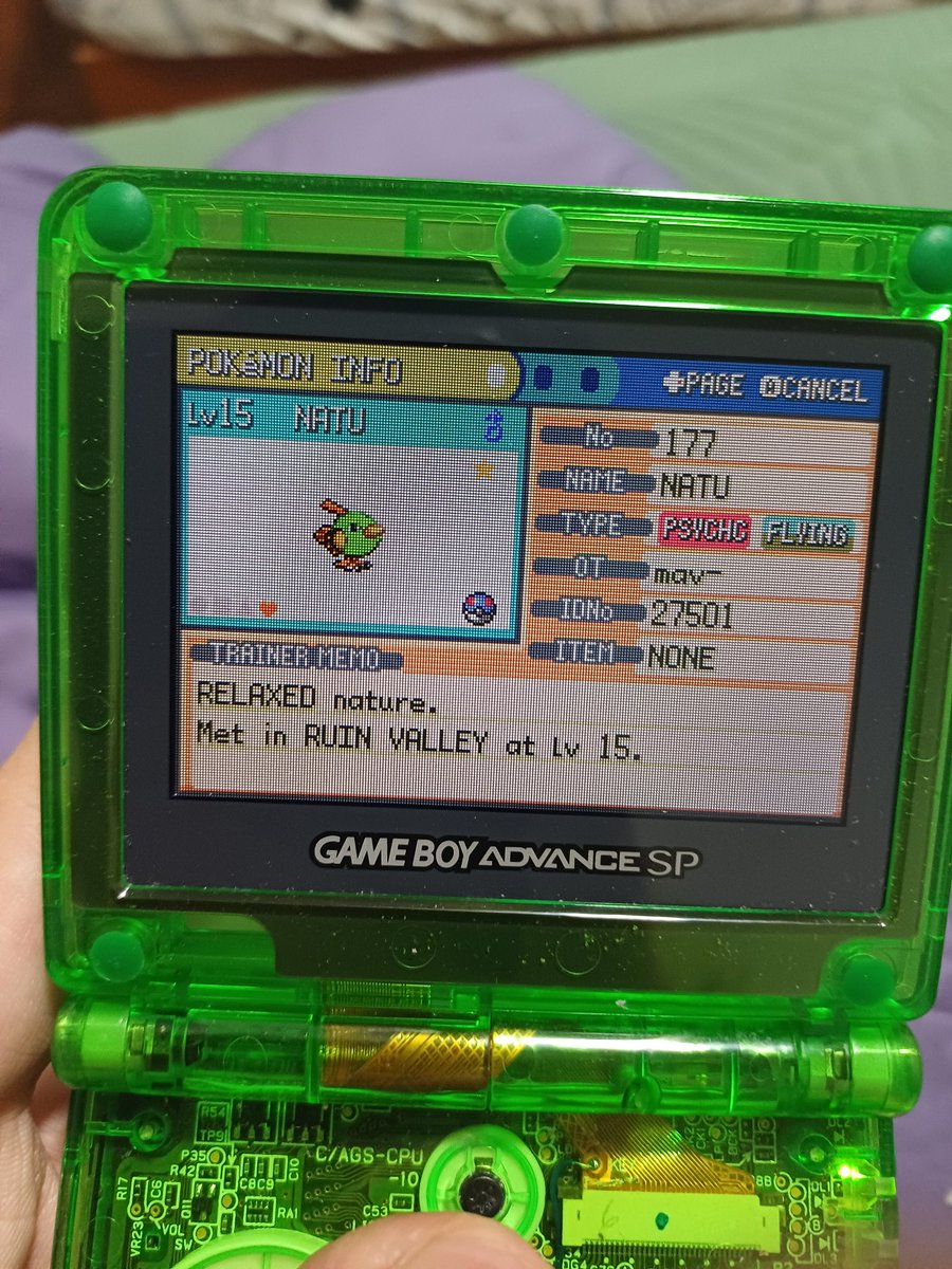 Random Shiny Natu on FireRed while continuing my Sevii Islands playthrough a day after finding my   Shiny Zapdos... in 25 or so years of playing Pokemon this is my second, unintentional random shiny find. #shinypokemon