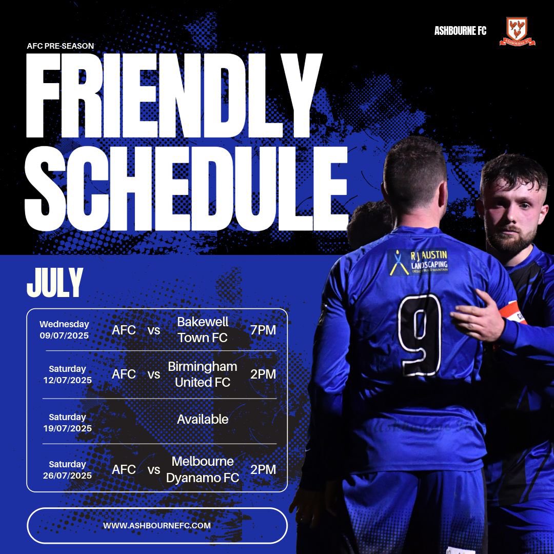AshbourneFC's tweet photo. Pre season schedule taking shape we still have 19th July available for a friendly if anyone is interested get in touch! 🖤💙
@BakewellTownFC 
@BHAMUTD 
@melbournedynamo 
#preseason https://t.co/S8TaisPNQB