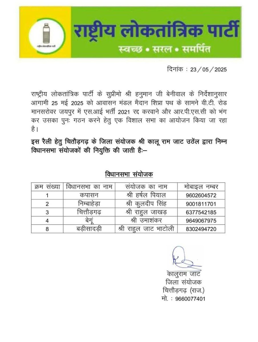 KuldeepsinghRLP's tweet image. में कुलदीप सिंह चौधरी
(विधानसभा चितौड़गढ़) को निंबाहेड़ा का विधानसभा रैली संयोजक नियुक्त करने पर @hanumanbeniwal व पार्टी परिवार का धन्यवाद सभी #निंबाहेड़ा_विधानसभा से जो भी युवा साथी #युवा_आक्रोश_महारैली जयपुर में चलने वाले है मेरे
मोबाइल नम्बर 9001811701 पर संपर्क करे