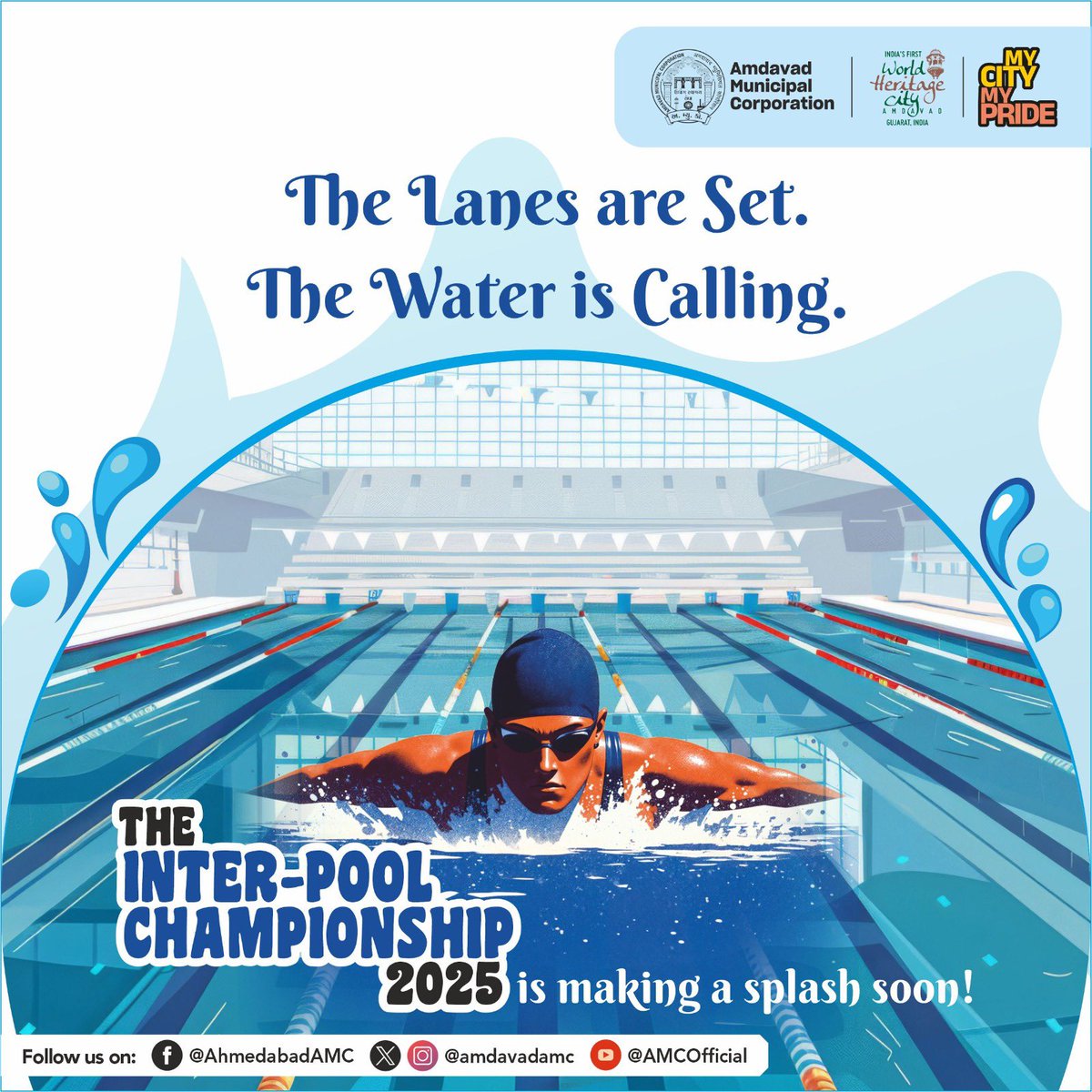AmdavadAMC's tweet photo. Ahmedabad, it’s time to dive into action! Get ready for the most awaited showdown between AMC & PPP swimming pools. From kids to champs in their 60s — everyone’s getting in the pool!

#AMC #SwimmingChampionship #DiveIntoAction #FitnessForAll #CommunityThroughCompetition #AhmedabadSwims