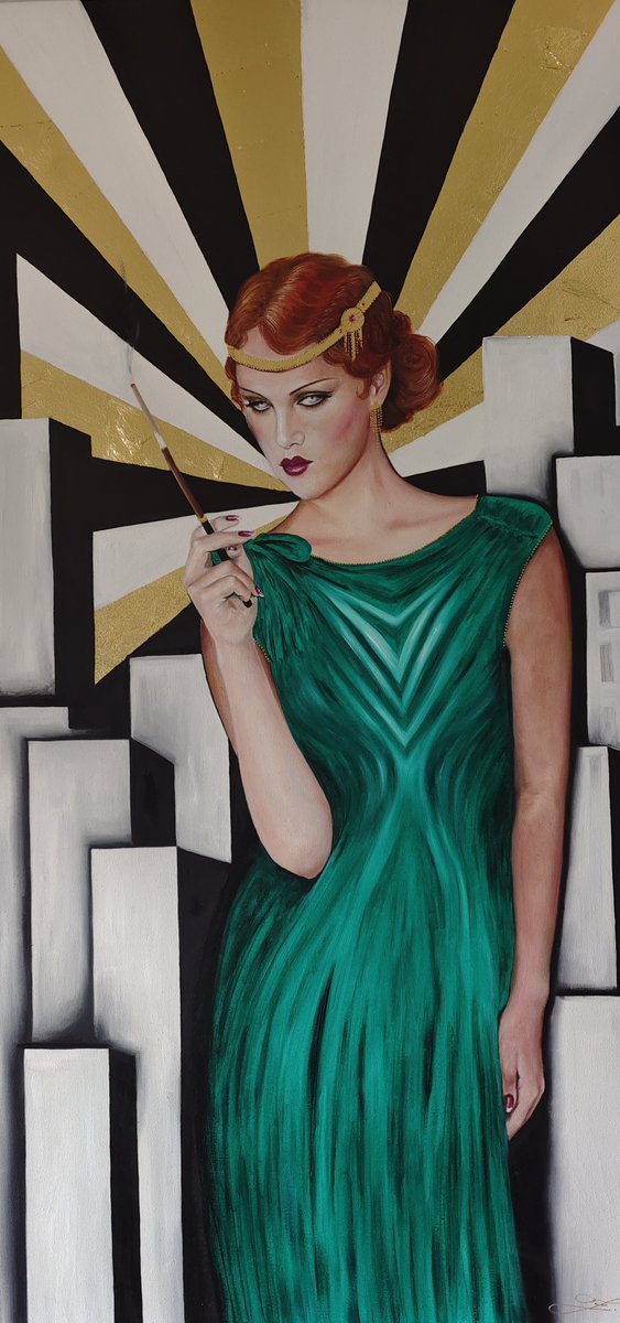 EZradickova's tweet photo. Autorka obrazu: Eliška Zradičková
Elegantní dáma s cigaretou - ART DECO
120x60cm
olej na plátně + zlaté plátky
oil on canvas + gold
Tento obraz je jako hold glamour stylu 20. let, zlaté éry jazzové hudby a společenské emancipace žen. https://t.co/EE4Q6GmxEt