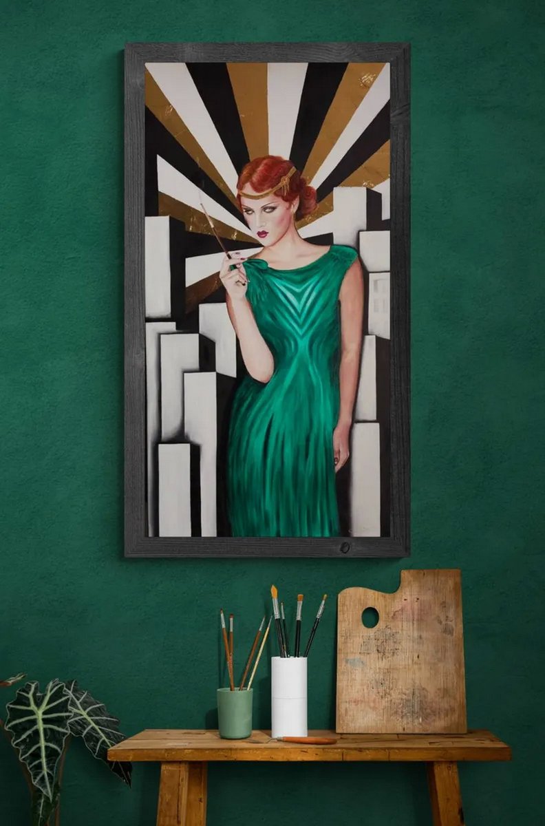 EZradickova's tweet photo. Autorka obrazu: Eliška Zradičková
Elegantní dáma s cigaretou - ART DECO
120x60cm
olej na plátně + zlaté plátky
oil on canvas + gold
Tento obraz je jako hold glamour stylu 20. let, zlaté éry jazzové hudby a společenské emancipace žen. https://t.co/EE4Q6GmxEt