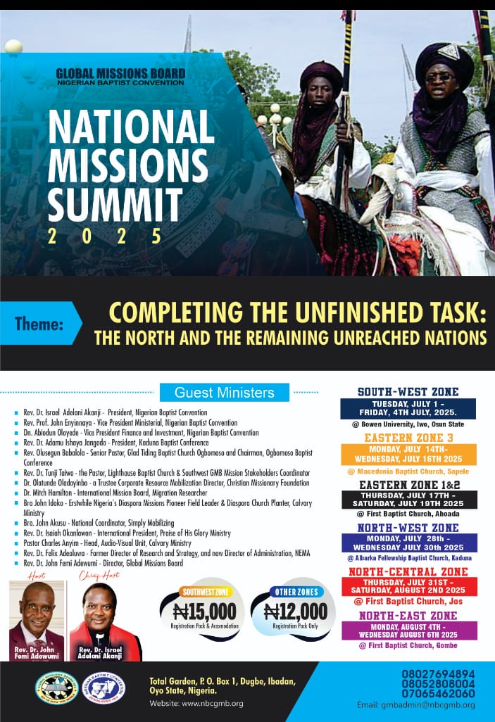 Oya, let's talk to our Church Pastors, Mission Coordinators, Friends and Mission Lovers around us that 2025 Mission Summit is here again. Registration is open to ALL.  <a href="/OfficialNBCHQ/">Nigerian Baptist Convention</a> <a href="/BWMUofNigeria/">Baptist Women's Missionary Union of Nigeria</a> <a href="/yababaptist/">Yaba Baptist Church</a> <a href="/Shepherdhill_BC/">Shepherdhill Baptist Church, Obanikoro</a> <a href="/ariseforimpact/">Arise for Impact</a> <a href="/BaptistWorld/">Baptist World Alliance</a> <a href="/SouthernBaptist/">SouthernBaptist</a>