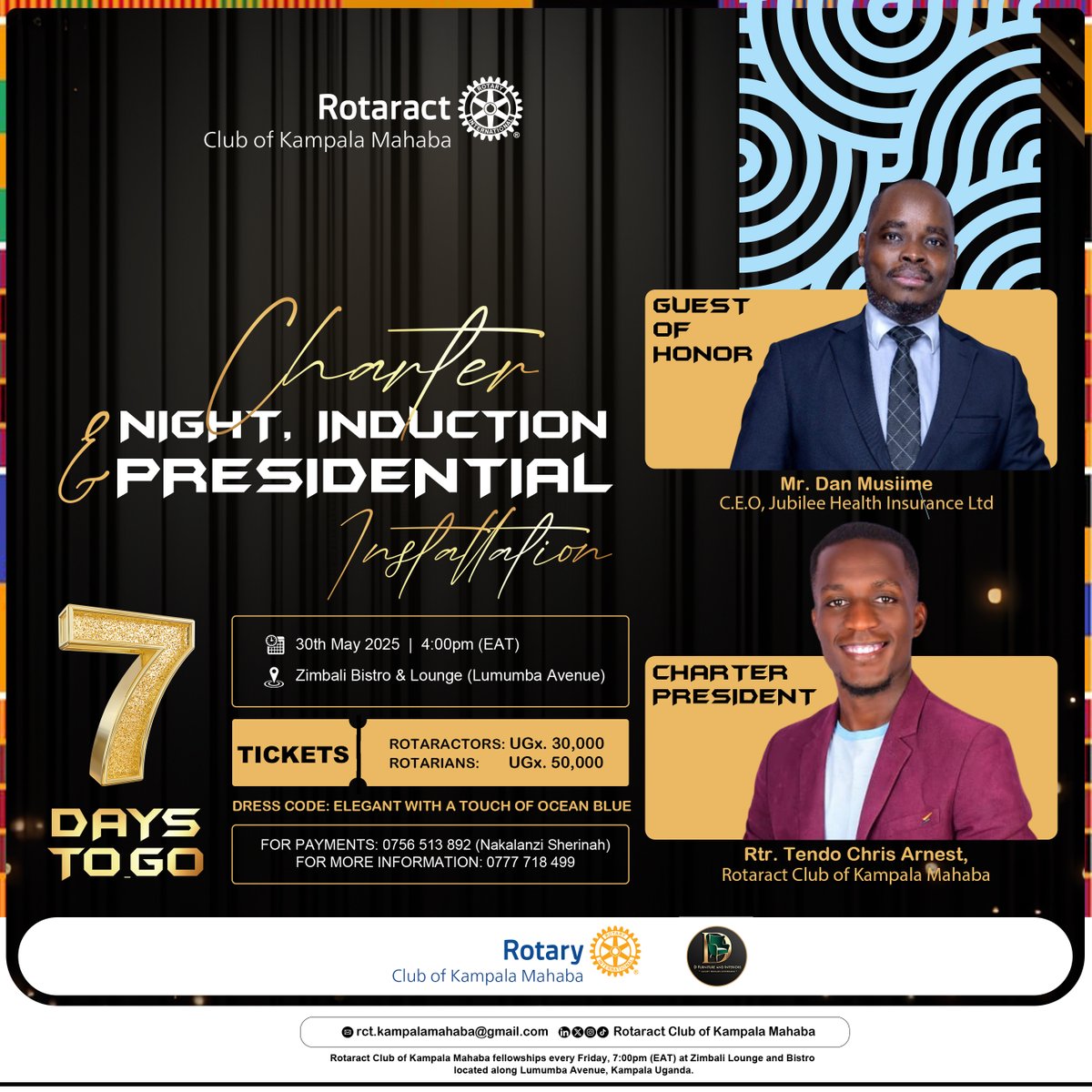 🎉 COUNTDOWN: 7 Days to the Big Night! 🎉

Join us for an inspiring evening as we celebrate leadership, legacy and excellence at our Charter Night, Induction and Presidential Installation,

🗓 30th May 2025
🕓 4:00 PM (EAT)
📍 Zimbali Bistro &amp; Lounge, Lumumba Avenue.