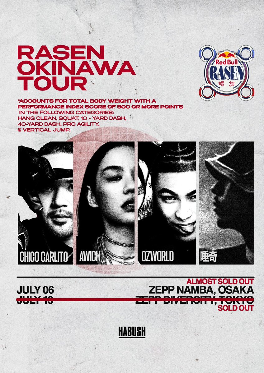 ◆ライブツアーチケット販売情報◆

Awich・OZworld・唾奇・CHICO CARLITO が
圧巻のマイクリレーで日本全国を駆け巡る
"RASEN OKINAWA TOUR"

東京公演SOLD OUT!!

・7月6日（日）大阪 / Zepp Namba
・7月13日（日）東京 → SOLD OUT

▶︎ チケット購入はこちら
eplus.jp/rasen-okinawa/