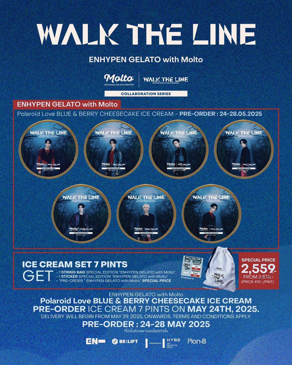 💙ENGENEs &amp; Gelato Lovers~ 🍨
เตรียมพร้อมพรีออร์เดอร์ความอร่อย ENHYPEN GELATO with Molto : Polaroid Love Blue &amp; Berry Cheesecake Ice Cream, pre-order with great deals! 
📅 24-28 พฤษภาคม 2025

❤️ จัดเต็มความพิเศษ :
• Set 7 Pints เพื่อความฟินกับภาพเมมเบอร์แบบครบเซ็ต!
• ลดปังๆ 311